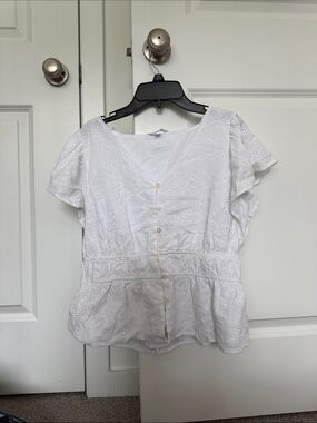 Time and Tru White Eyelet Peplum Button-Front Top